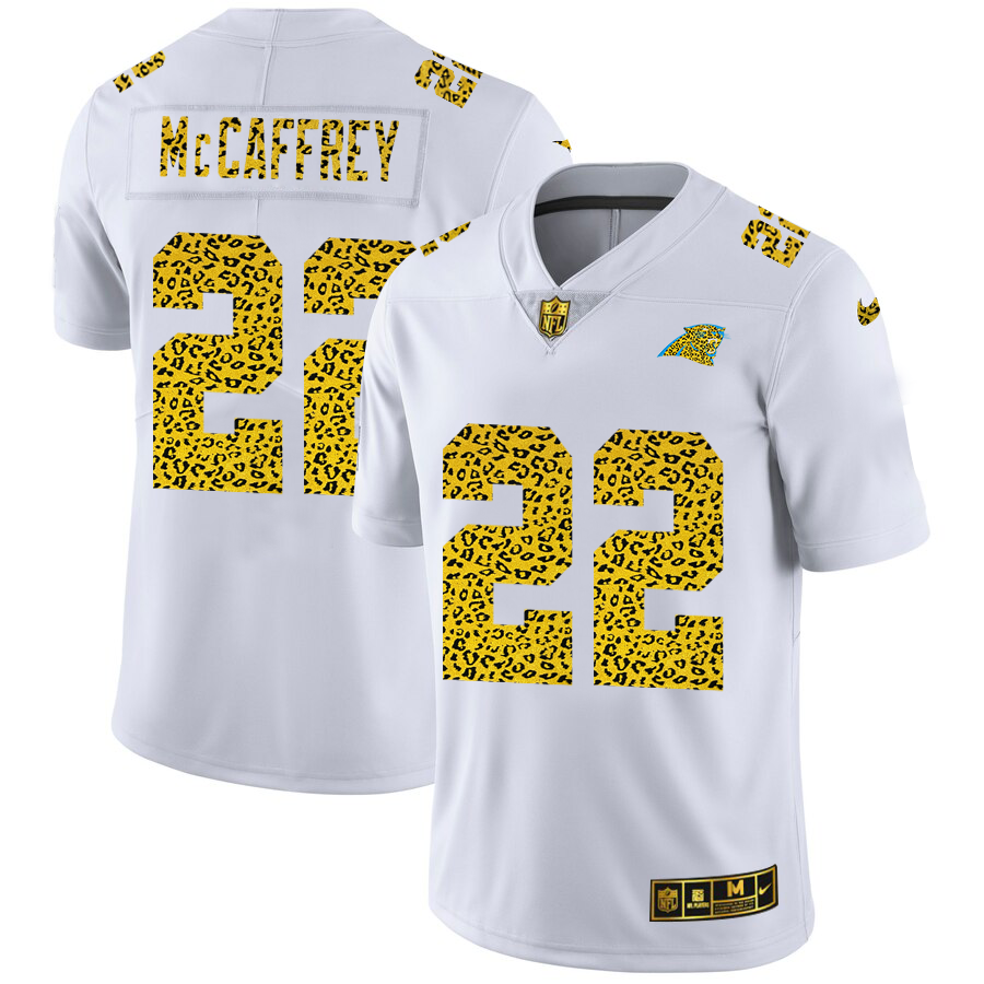 Carolina Panthers #22 Christian McCaffrey Men Nike Flocked Leopard Print Vapor Limited NFL Jersey White